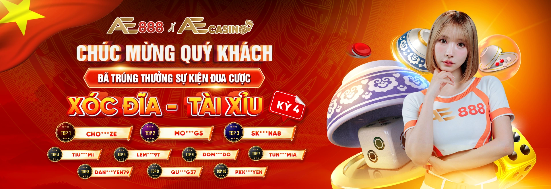 AE888 Xóc Đĩa – Tài Xỉu, chúc mừng người chơi trúng thưởng sự kiện đua cược kỳ 4 tại AE888 Casino